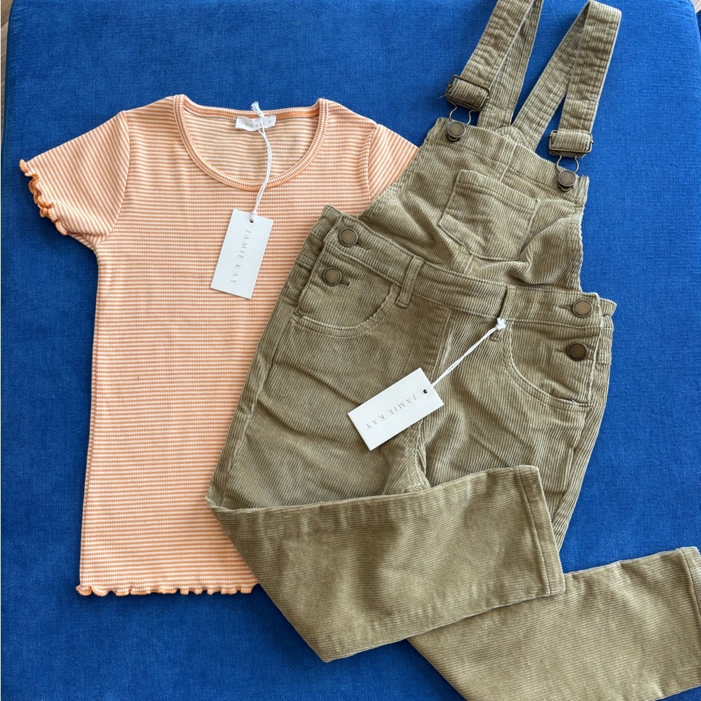 Jamie Kay Orange Striped Tee and Corduroy Overalls Set